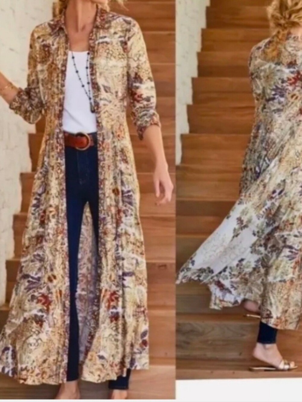 Soft Surroundings Boho Metallic Floral Maxi Collared Shirtdress Sz S - Picture 2 of 16
